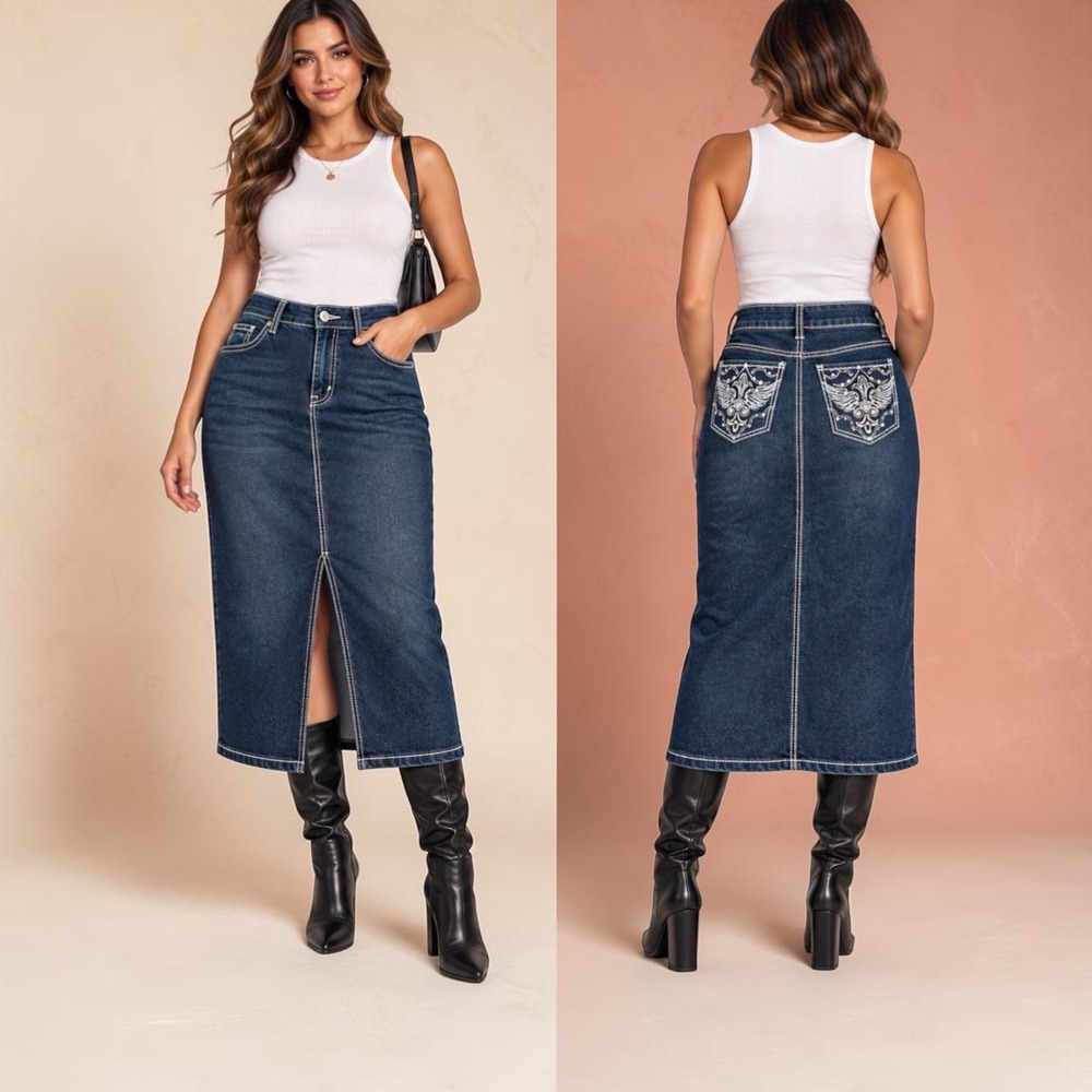 Cato Est 1946 Denim Midi Skirt Dark Wash Embroidered Pockets Career Size 8 NEW